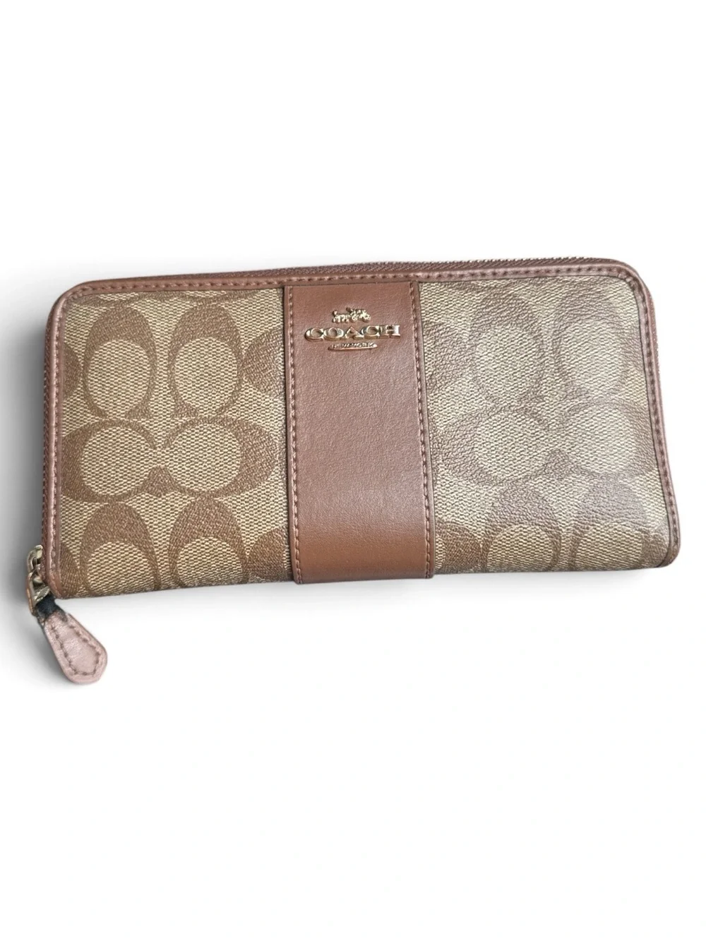 Coach Beige/Brown Signature Zip Around Wallet